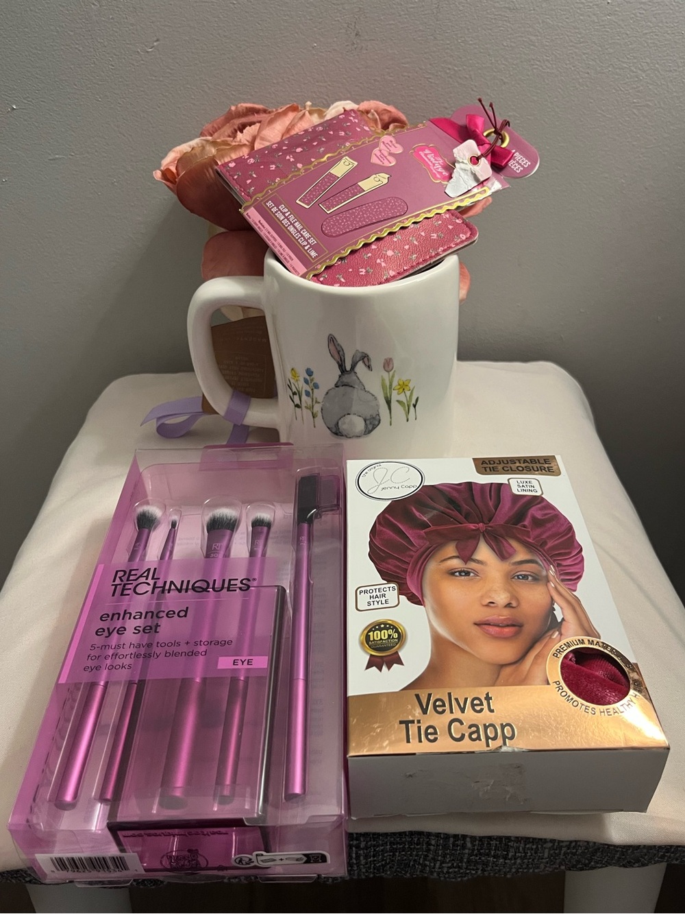 RAE DUNN Mug + Eye Brush Set, Velvet Bonnet & Nail Clip Set (NWT) 4-Piece Set. - Picture 11 of 11